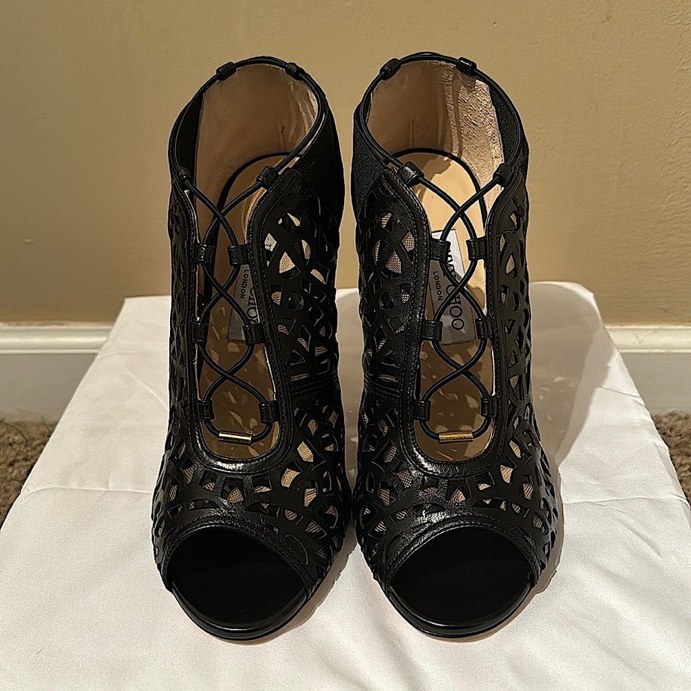 Brand new Jimmy Choo black leather mesh cut out sandal